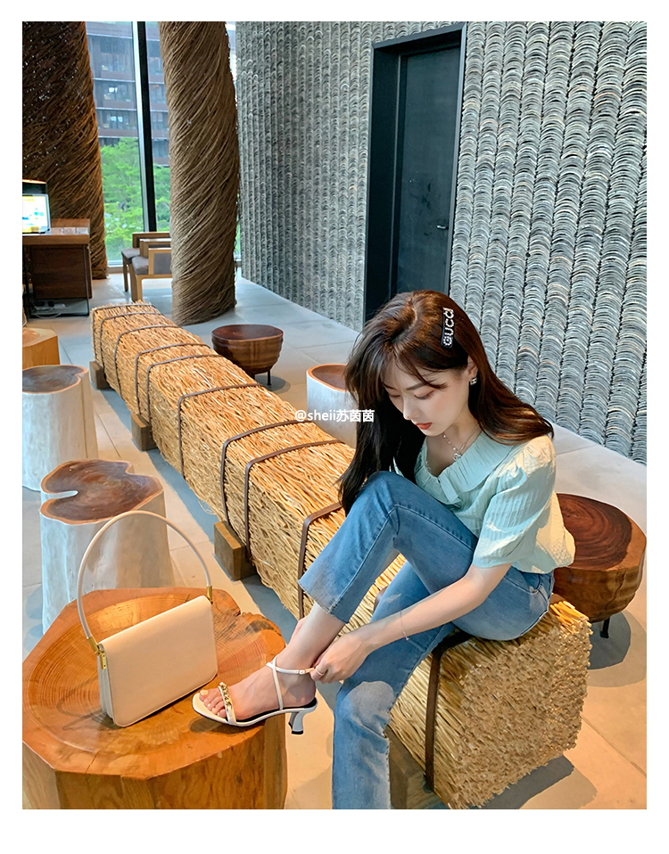 【sheii苏茵茵】高跟鞋女2022新款女鞋方头链条露趾一字带粗凉鞋 杏色