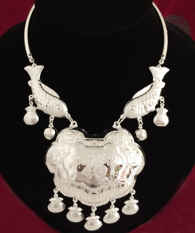 s999足银项圈银锁 男女宝宝婴儿复古长命锁满月周岁银礼 51克长命百岁