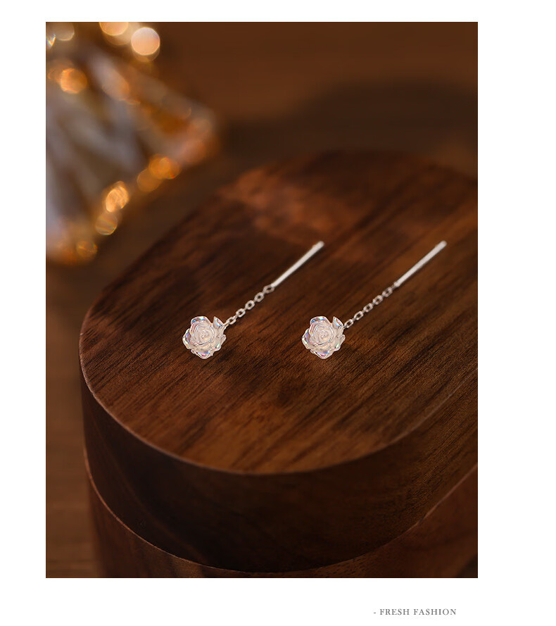 Dijing Iridescent Rose Earrings for Women, Silver Studs with Elegant Long Tassel Earrings, Birthday Gift for Girlfriend 8