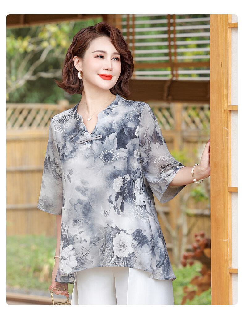 Qiufuluo Mom Summer Chinese Style Short Sleeve Loose Breathable Ice Silk T-Shirt for Women Age 50-80 13