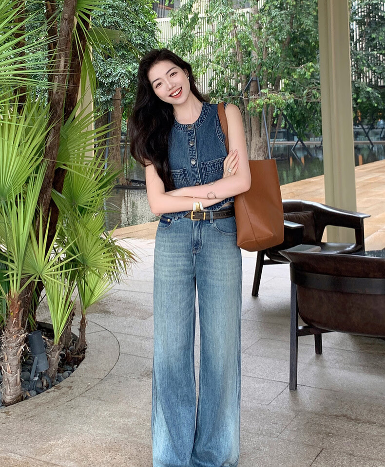 MEIYANG Jelly Denim Jeans Double Core Yarn Elastic Draped Vintage Wide-Leg Pants Blue Regular Fit L 28