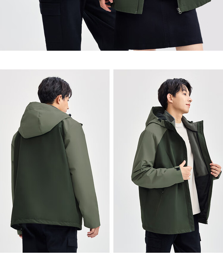 Giordano [Two-Piece Set] Three-In Jacket for Men, Outdoor Hooded Windproof Jacket with Fleece Inner Lining, 01074701 16