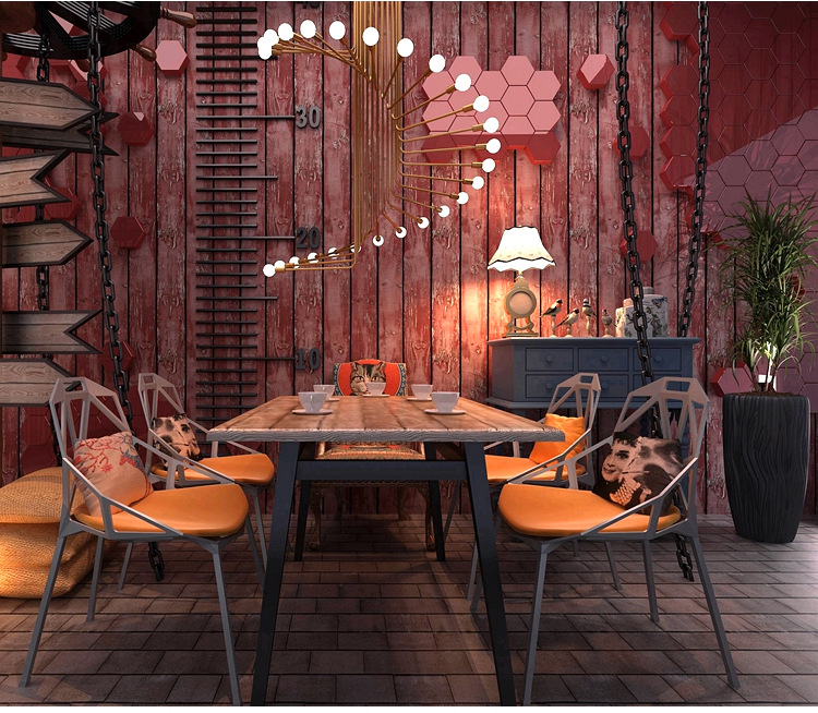 伊尔雅 复古怀旧墙纸仿古木板酒吧壁纸个性时尚做旧女装服装店理发店