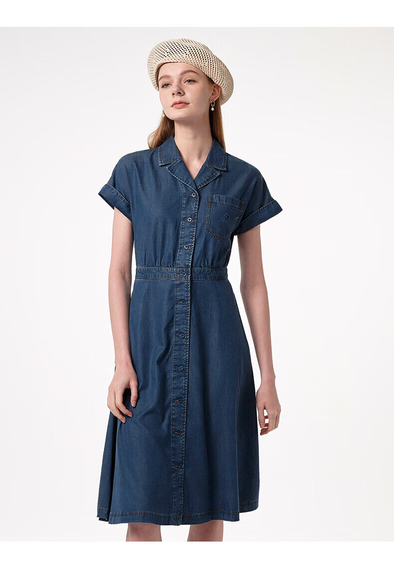 HAZZYS Women's Clothing, Summer Ladies' [PHIZ Series] Drop-Shoulder Waist-Cinching Denim Dress for Wome 10