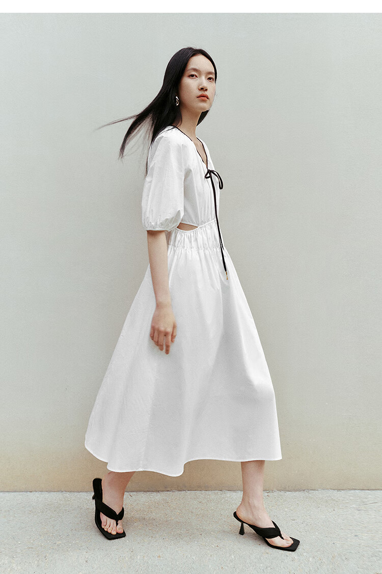 Peacebird Women's Premium Commuter Summer V-Neck Long Dress Small Brand Hollow Out Color-Block Simple Commuter White Long M 14