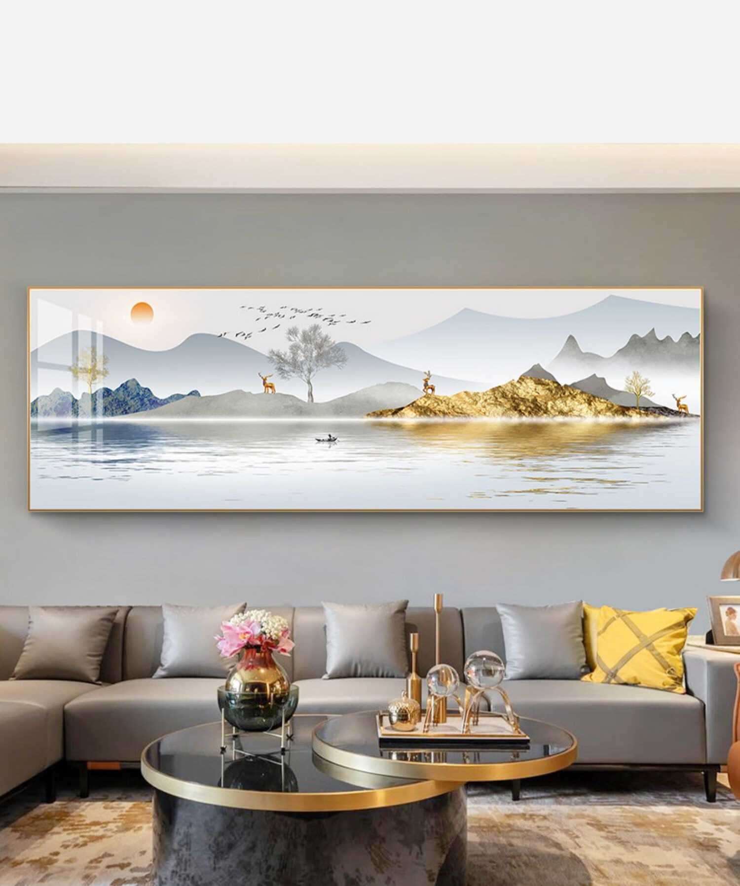珂楚 珂楚 旭日东升 现代轻奢客厅装饰画山水画横版背有靠山沙发背景
