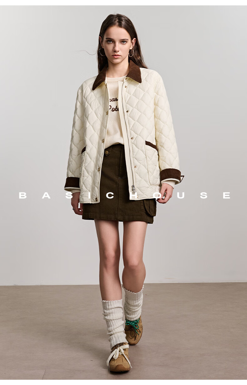 BASIC HOUSE/百家好舒芙蕾撞色冬季2024翻领外套轻法风菱格棉服女2024冬季撞色翻领外套 米白色 M详情图片32