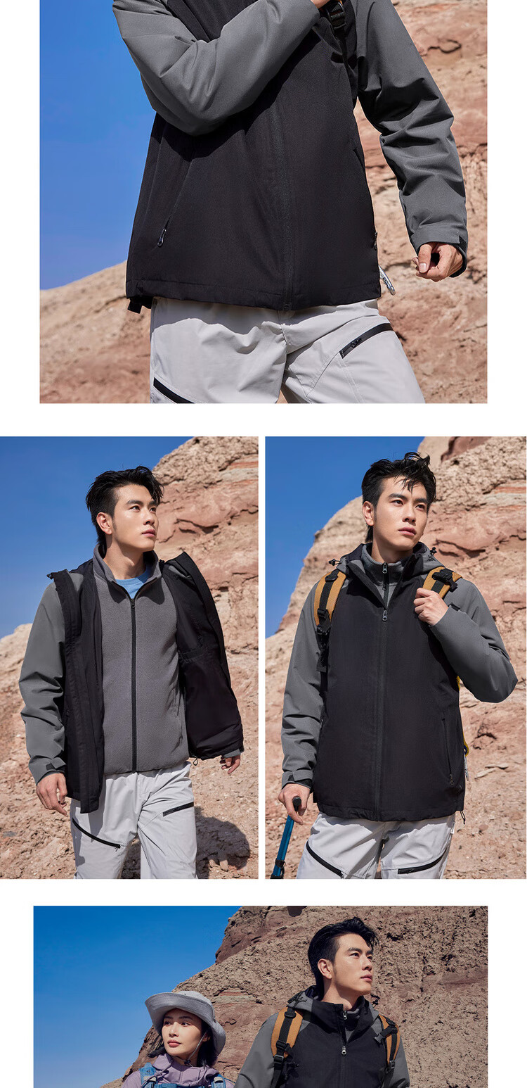 Giordano [Two-Piece Set] Three-In Jacket for Men, Outdoor Hooded Windproof Jacket with Fleece Inner Lining, 01074701 12