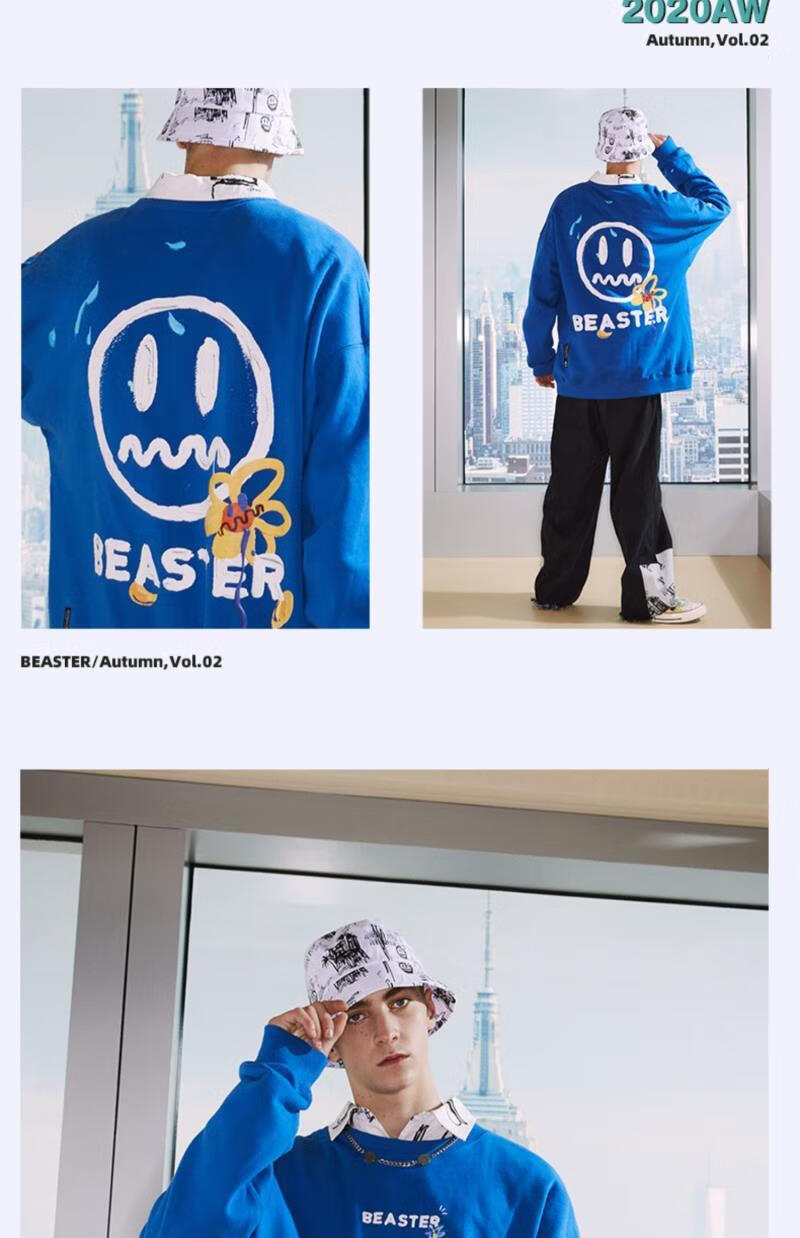 drew小恶魔鬼脸情侣装叠穿卫衣春秋复古印花国潮牌套头上衣 蓝色 s