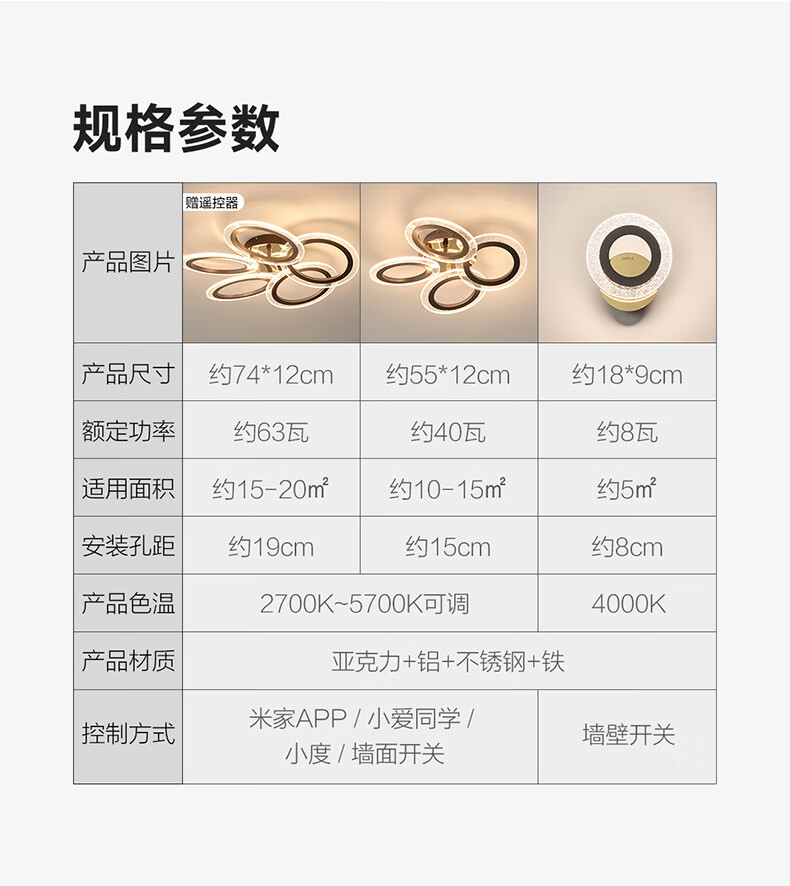 20，歐普照明（OPPLE）星願/滿天星防眩吊燈高顯色智能吸頂無主燈客臥餐厛套餐DD 【單環】壁燈/牀頭燈