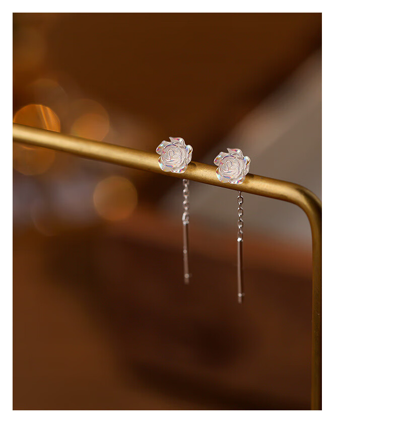 Dijing Iridescent Rose Earrings for Women, Silver Studs with Elegant Long Tassel Earrings, Birthday Gift for Girlfriend 10