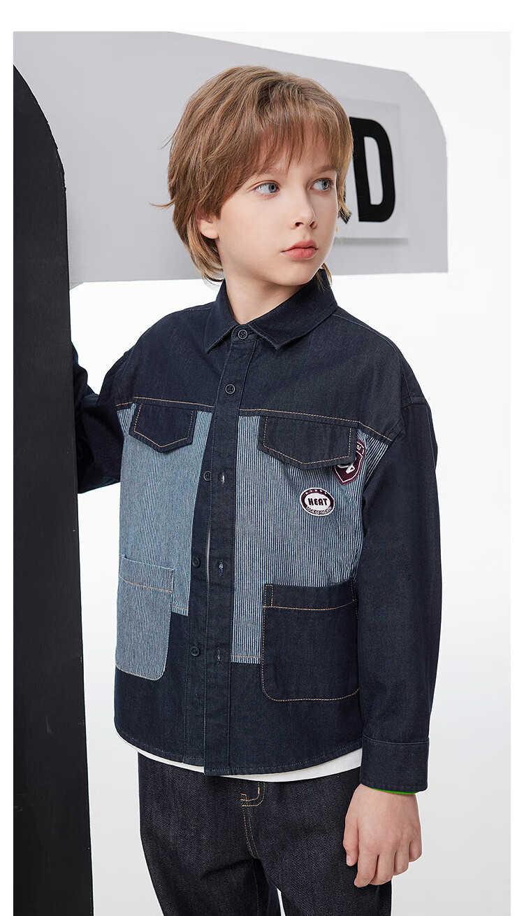 MQD Boys' Preppy Style Children's Jacket Denim Shirt, Original Denim Color, Size 130 7