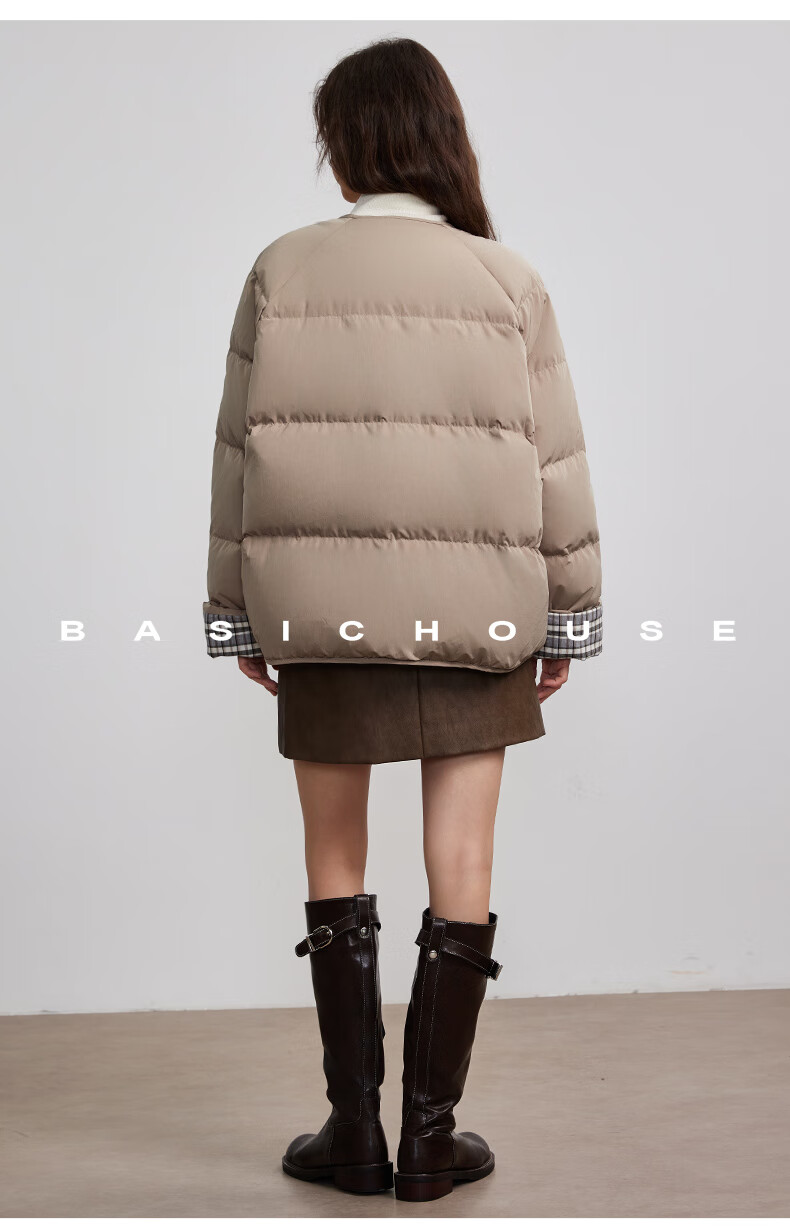 BASIC HOUSE/百家好韩系围围巾蓬松鸭绒外套卡其巾领羽绒服女2024冬季90白鸭绒蓬松外套 卡其绿 S（有围巾）详情图片20