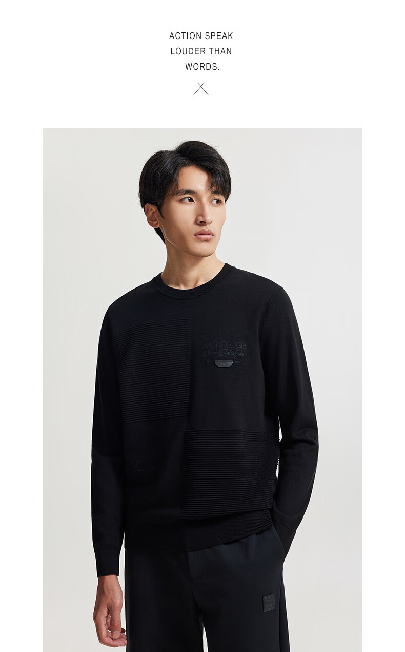 Cabbeen Men's Crew Neck Knit Sweater New Long Sleeve Top Coal Black 01 L 13