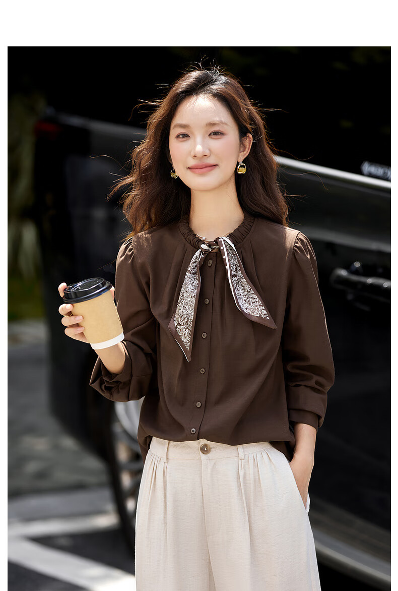 Vimly Vintage Scarf Tie Round Neck Linen Blend Shirt Women Spring New Dark Roast Brown M 4