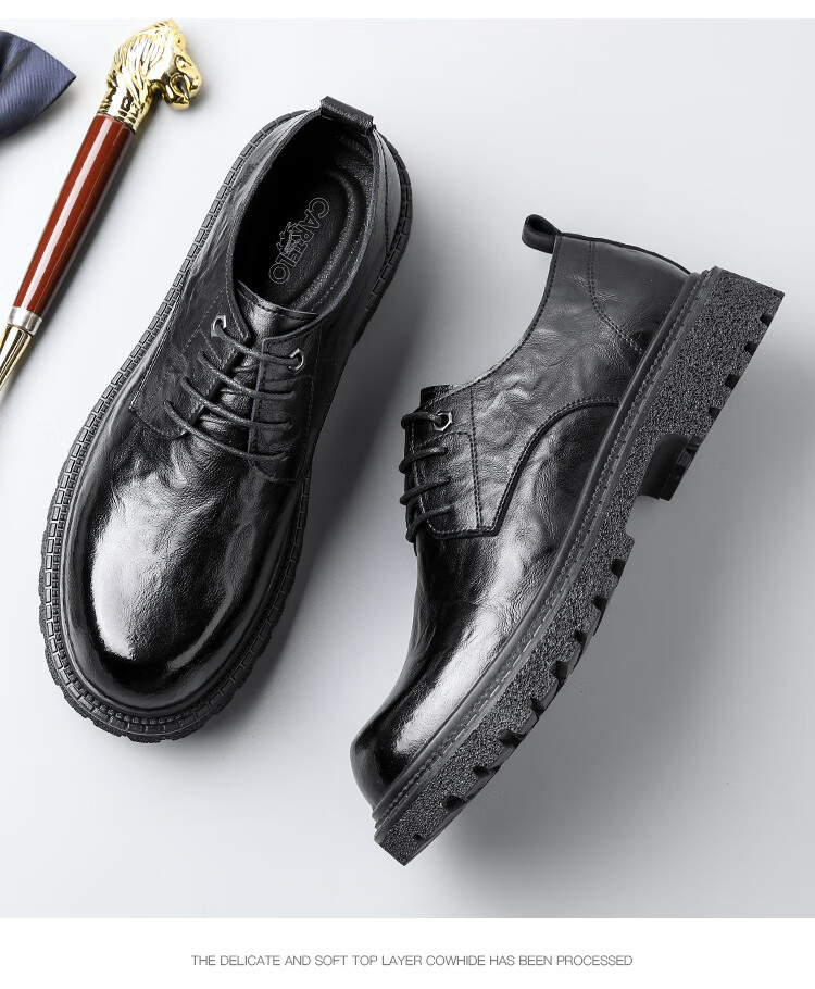 CARTELO CARTELO Hand-Grabbed Cowhide Men's Shoes, Thick-Soled Heightening Shoes, Business Casual Leather Shoes for Men, 9790 Black, Size 44 12