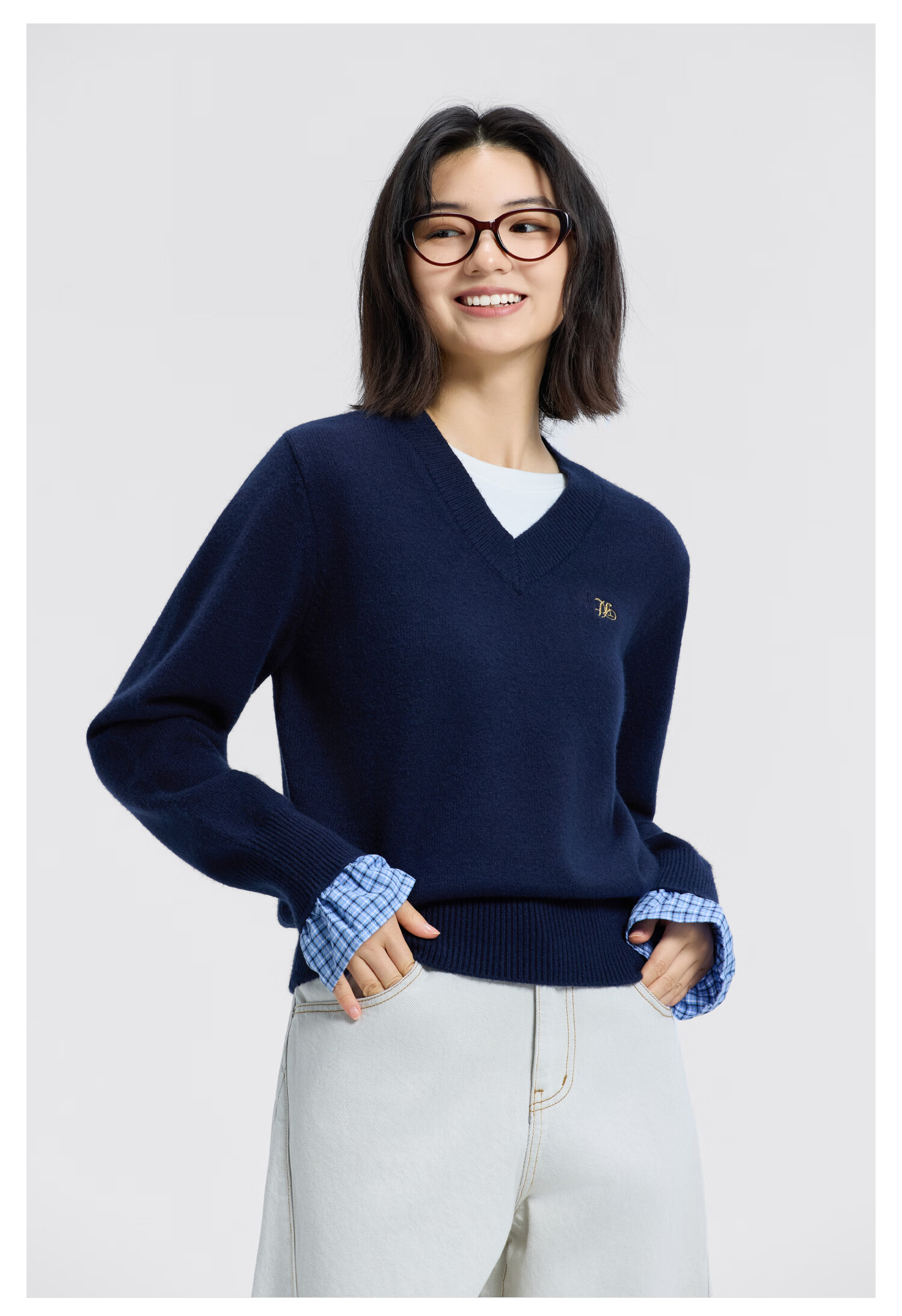 Meters Bonwe Women's Sweater 2025 Winter New Casual Two-Piece Lace Color-Block Plaid Top 5