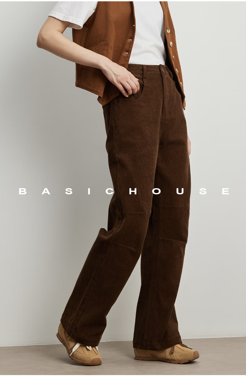 BASIC HOUSE/百家好美拉德显瘦秋季2024灯芯绒裤子直筒休闲裤女2024秋季显瘦灯芯绒裤子 咖色 L详情图片23