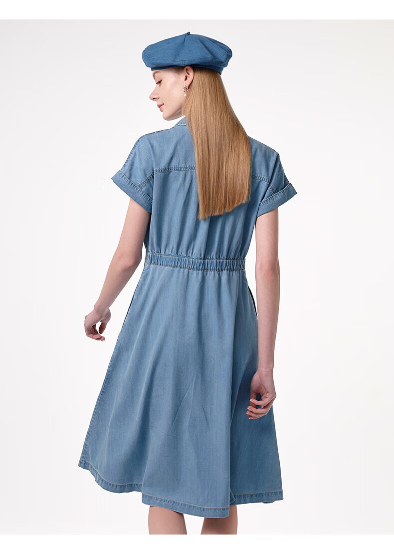 HAZZYS Women's Clothing, Summer Ladies' [PHIZ Series] Drop-Shoulder Waist-Cinching Denim Dress for Wome 7
