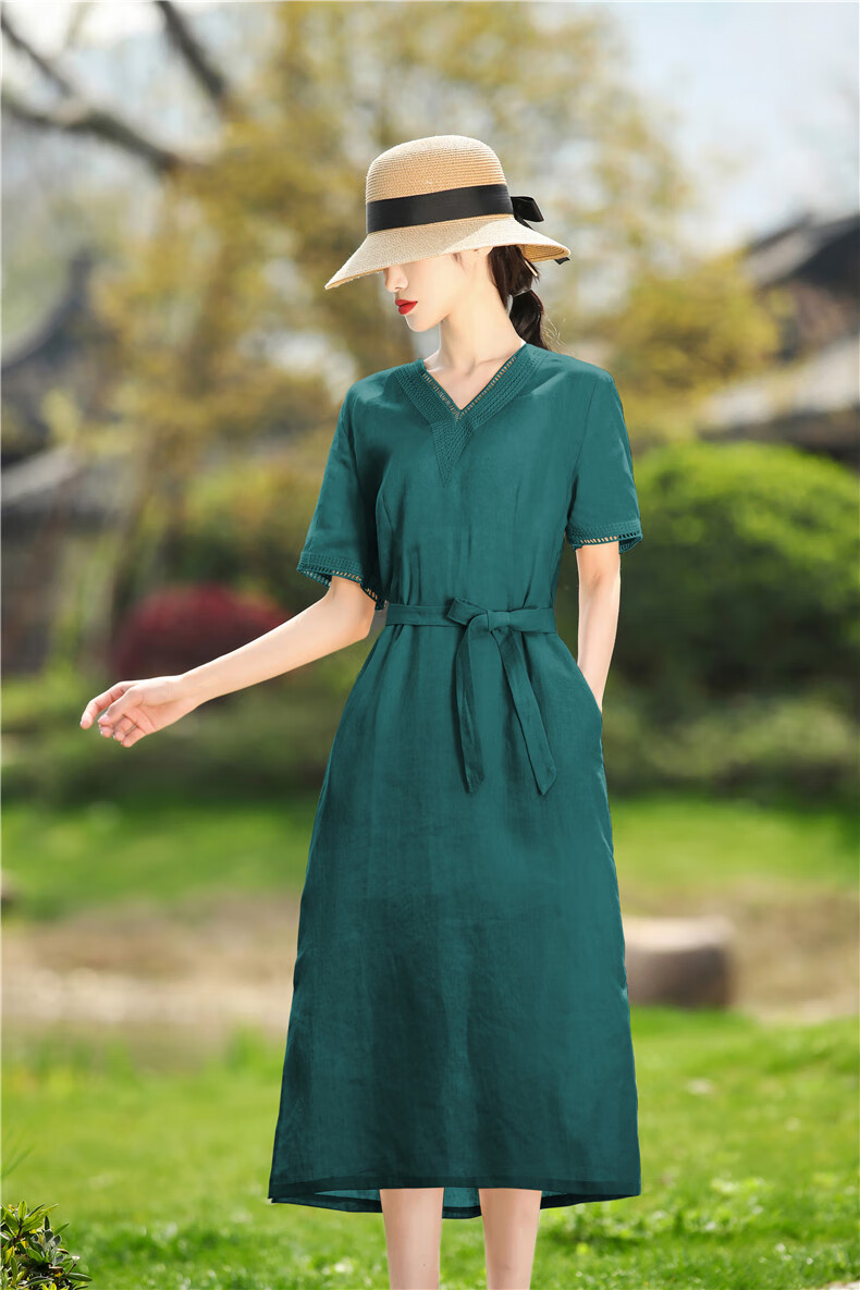 素订棉麻女装官方素素杭州中长款刺绣收腰显瘦v领亚麻连衣裙夏天薄款
