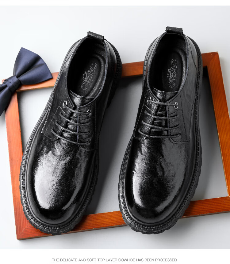 CARTELO CARTELO Hand-Grabbed Cowhide Men's Shoes, Thick-Soled Heightening Shoes, Business Casual Leather Shoes for Men, 9790 Black, Size 44 11
