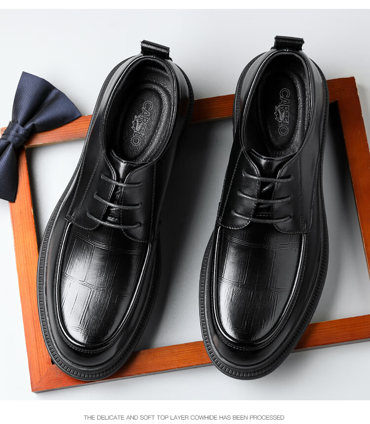 CARTELO Men's Leather Shoes, Cowhide Business Casual Leather Shoes, British Style Thick-Soled Men's Wedding Shoes, Work Shoes, 9788 Black, Size 38 12