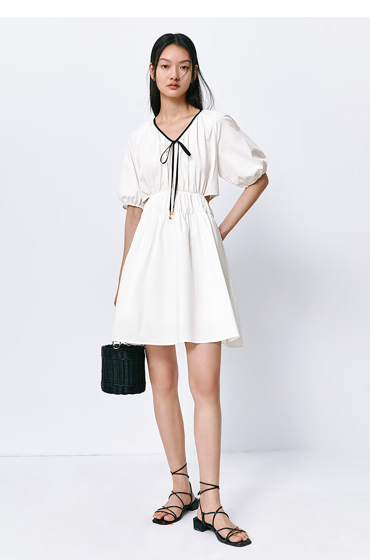 Peacebird Women's Premium Commuter Summer V-Neck Long Dress Small Brand Hollow Out Color-Block Simple Commuter White Long M 23