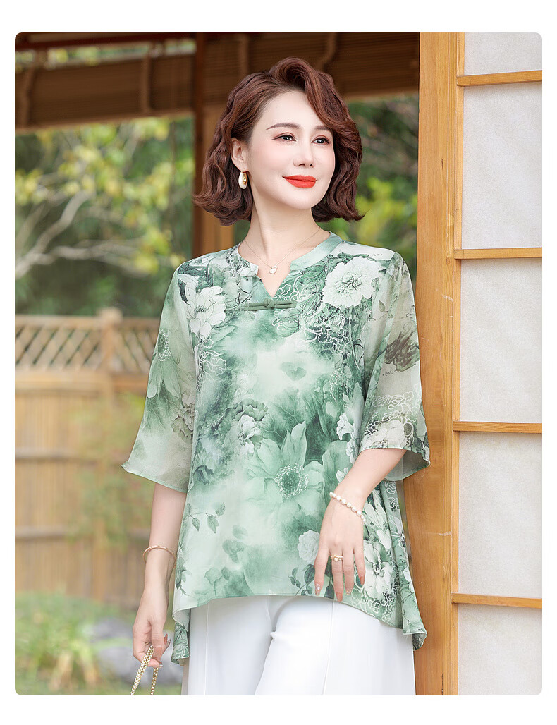 Qiufuluo Mom Summer Chinese Style Short Sleeve Loose Breathable Ice Silk T-Shirt for Women Age 50-80 17
