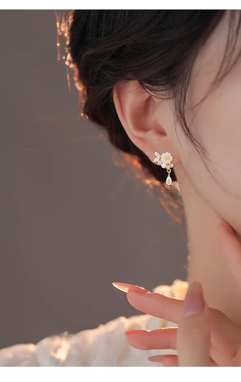Dijing Camellia Earrings for Women, 925 Sterling Silver Hoop, Elegant Ear Studs, Forest Style Birthday Gift for Girlfriend 6