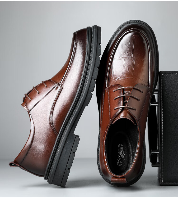 CARTELO Men's Leather Shoes, Cowhide Business Casual Leather Shoes, British Style Thick-Soled Men's Wedding Shoes, Work Shoes, 9788 Black, Size 38 14