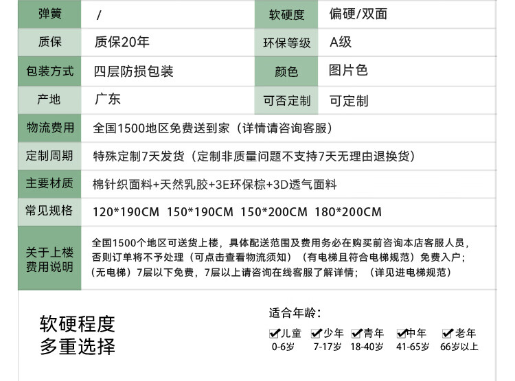 38，雙正牀墊椰棕硬棕墊蓆夢思超薄10cm牀墊子護脊12CM學生棕櫚牀墊定制 16厘米羊羢針織+1cm乳膠+環保棕 1.2米*2.0米