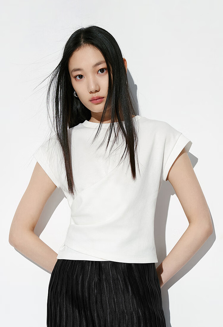 Taipingniao Women's Short-Sleeve T-Shirt, Summer Fit, Simple Style, Commuter Top with Twist Tie, White, Size M 3