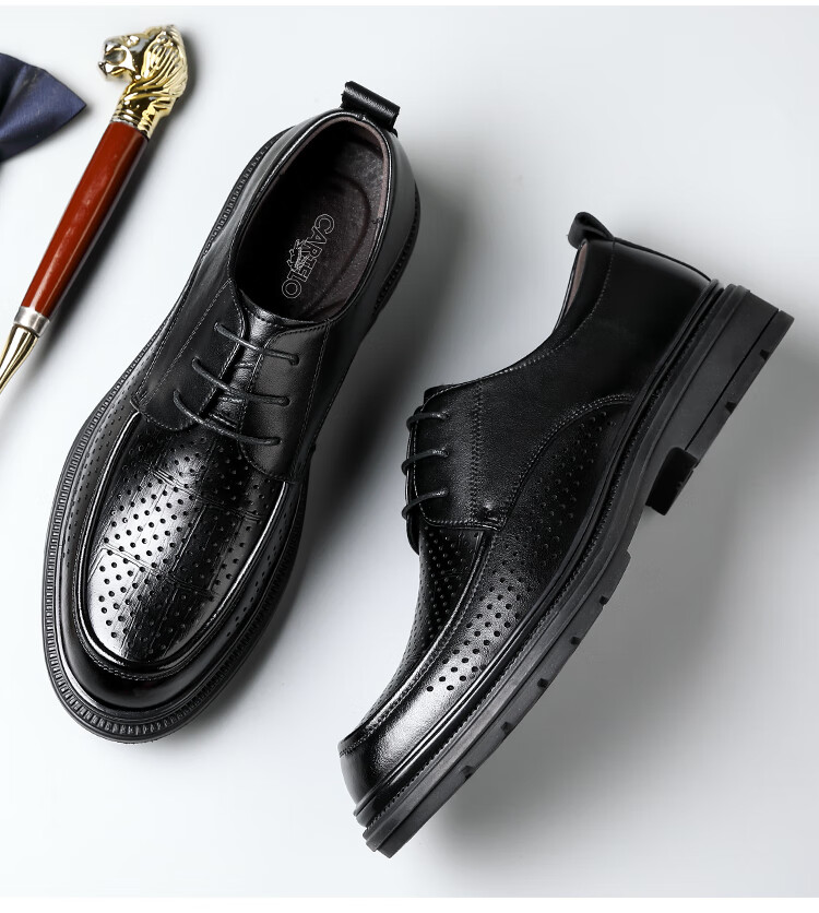 CARTELO Men's Leather Shoes, Cowhide Business Casual Leather Shoes, British Style Thick-Soled Men's Wedding Shoes, Work Shoes, 9788 Black, Size 38 16
