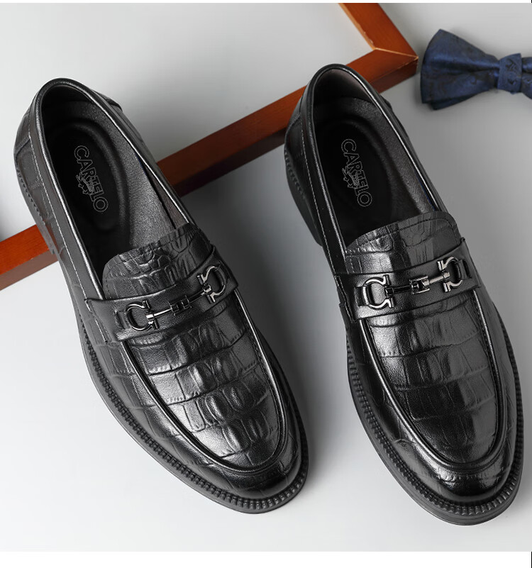 CARTELO Slip-On Loafers for Men, Business Casual Slip-On Leather Shoes, Plaid Men's Wedding Shoes 9596 Black 38 4