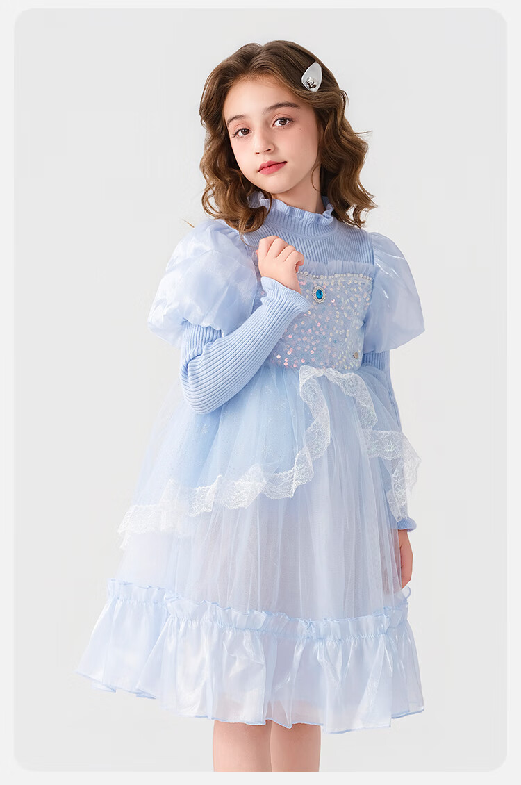 Disney Girls Frozen Knit Princess Dress Autumn Winter Children's Dress Winter Skirt TD3EQ008 Sky Blue 120 3