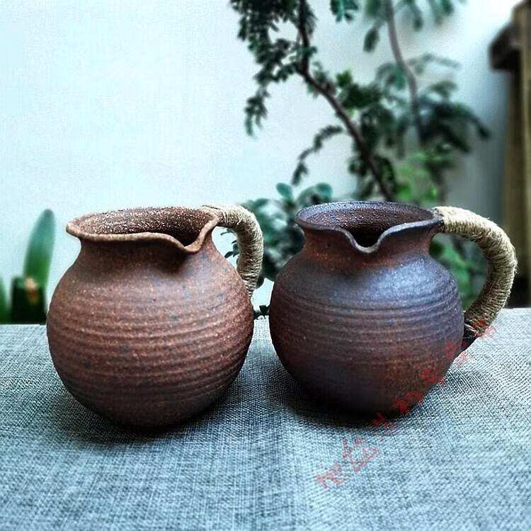 云南粗陶烤茶罐土陶全手工茶具侧把公道杯复古柴烧煮茶器茶海茶炉 浅