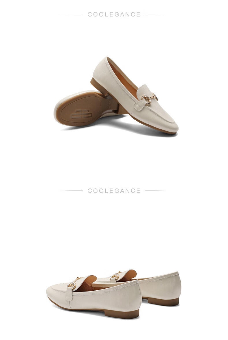 Belle Sheepskin English Style Loafers, Flat Heel Peas Shoes for Women, Spring And Summer Small Leather Shoes, Retro Flats A7H1D, Beige, Size 34 5