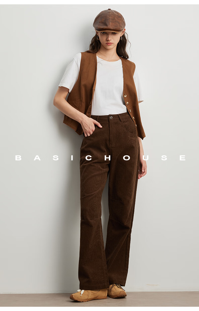 BASIC HOUSE/百家好美拉德显瘦秋季2024灯芯绒裤子直筒休闲裤女2024秋季显瘦灯芯绒裤子 咖色 L详情图片25