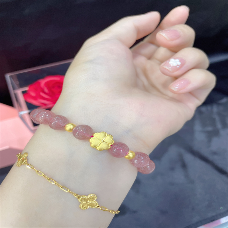 老凤凰黄金手链女足金四叶草两世欢莲蓬莲花金珠硬金草莓晶手串抖音