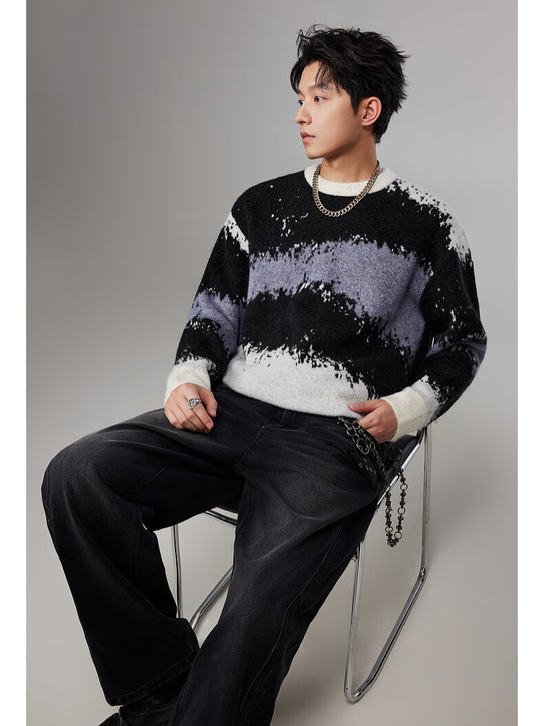 CABBEEN Men's Wool-Blend Colorblock Jacquard Patchwork Casual Wearable Long Sleeve Sweater 2025 Winter 2
