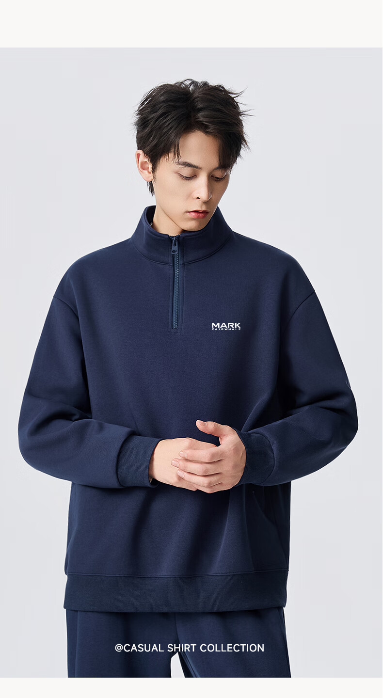 Mark Fairwhale Half-Zip Fleece-Lined Thickened Autumn Winter Men's Hoodie Black L 10