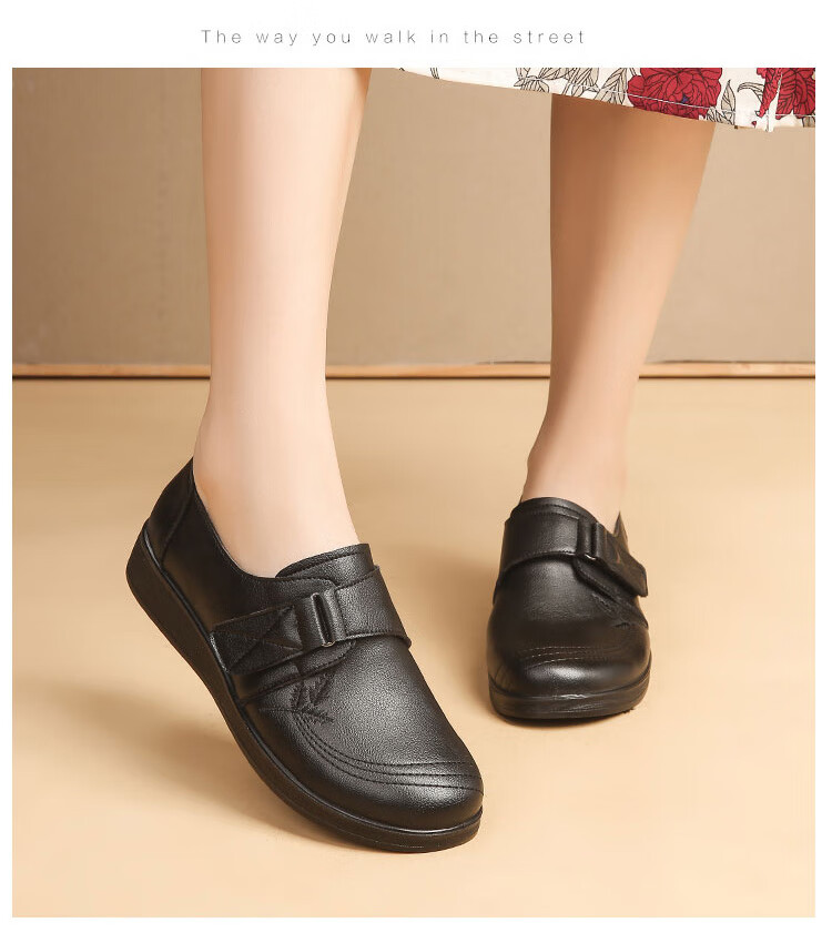 EGCHI Mom Shoes, Casual Top-Grain Leather Soft-Soled Flats, Non-Slip Flat Walking Leather Shoes, H2168, Black, Size 39 11