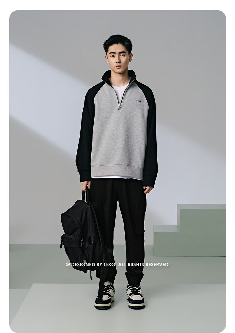 GXG Men's Wear, Fall 2024, Waffle Texture Casual Patchwork Stand-Collar Sweatshirt for Men, Flax Gray, 190/XXXL 6