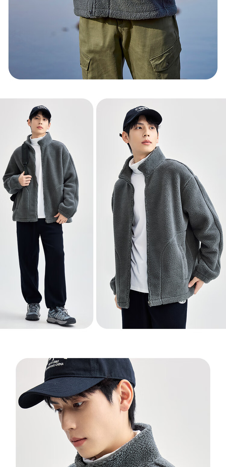 Giordano Fleece Jacket for Men, Faux Sherpa Warm Coat, Quilted Pocket, Stand Collar, Zipper Jacket for Men 01074857 11