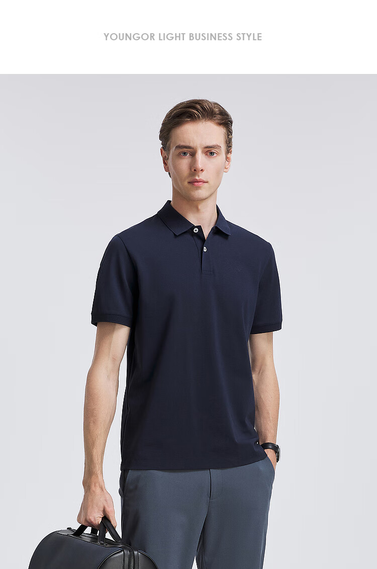 YOUNGOR [Cool Touch] Spring/Summer 2026 New Style, Turn-Down Collar, Solid Color, Oxygen Short-Sleeve Polo Shirt, Blue, Size S 15