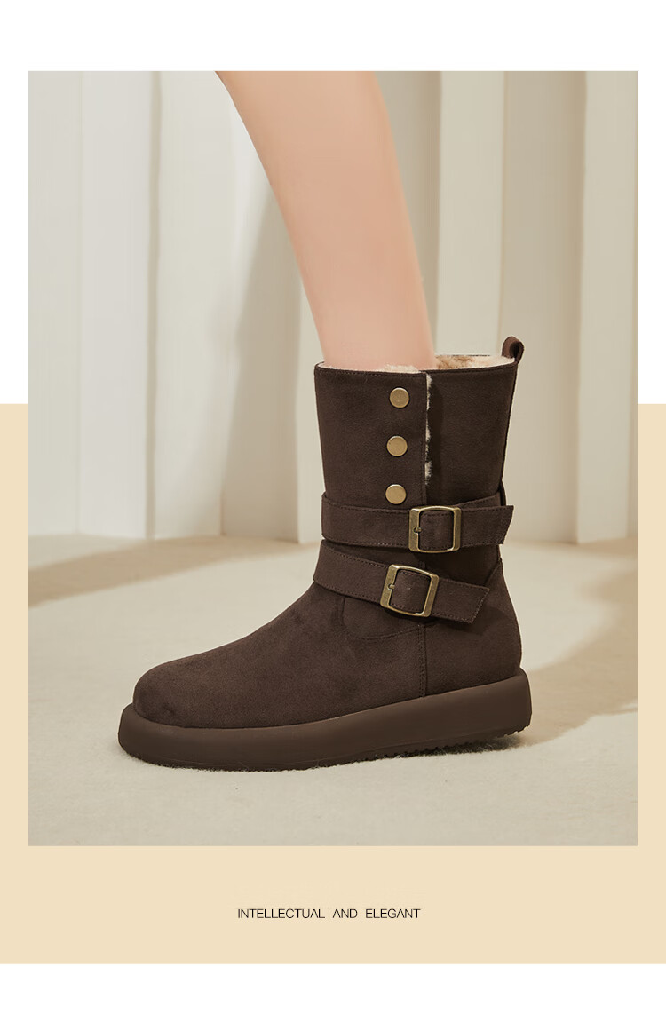 DAPHNE Women's Fleece-Lined Snow Boots New Winter Warmth Cold-Resistant Student Thick-Soled Mid-Calf Height-Increasing Cotton Boots Coffee Color Size 37 3