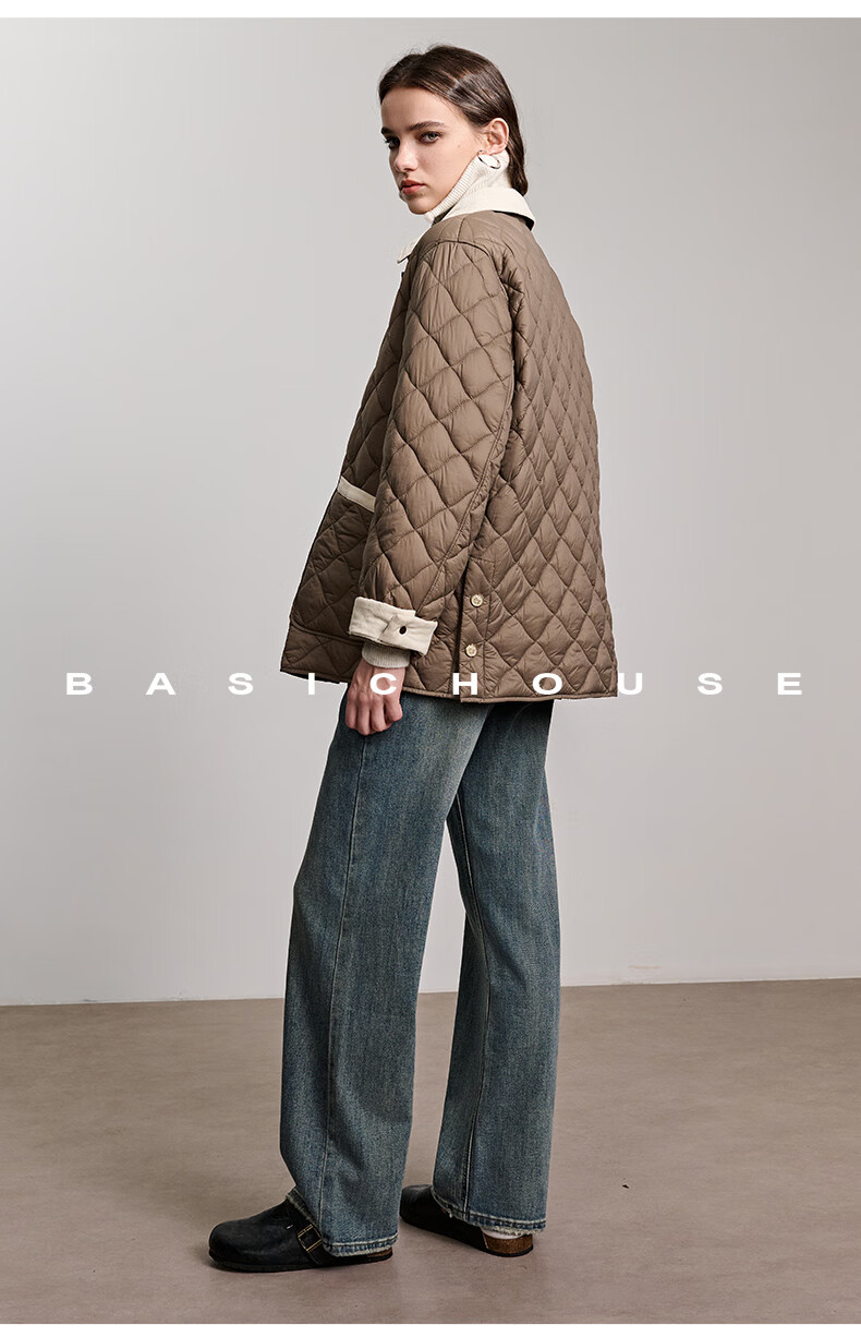 BASIC HOUSE/百家好舒芙蕾撞色冬季2024翻领外套轻法风菱格棉服女2024冬季撞色翻领外套 米白色 M详情图片53