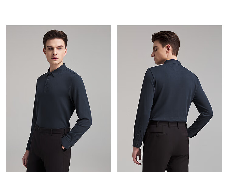 YOUNGOR [Machine Washable Wool] Heat-Retaining Men's Autumn Winter Long-Sleeve Wool Lapel Polo Shirt, Navy Blue, L 10