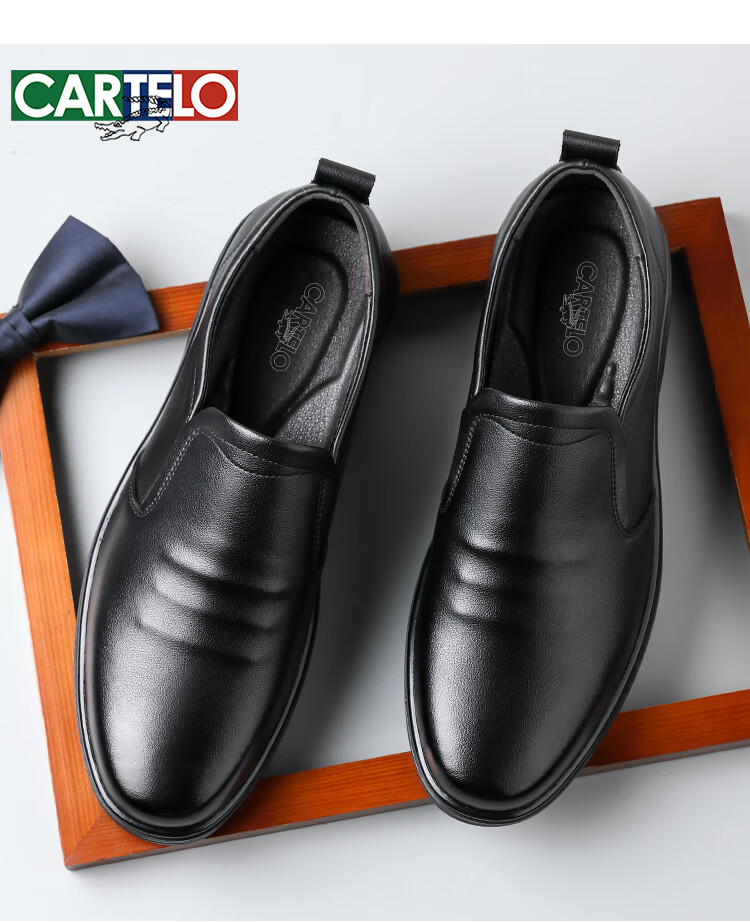 CARTELO British Business Casual Leather Shoes, Soft Sole, Breathable Upper, Slip-On Loafers, Men's Leather Shoes, 9899 Black, Size 40 6