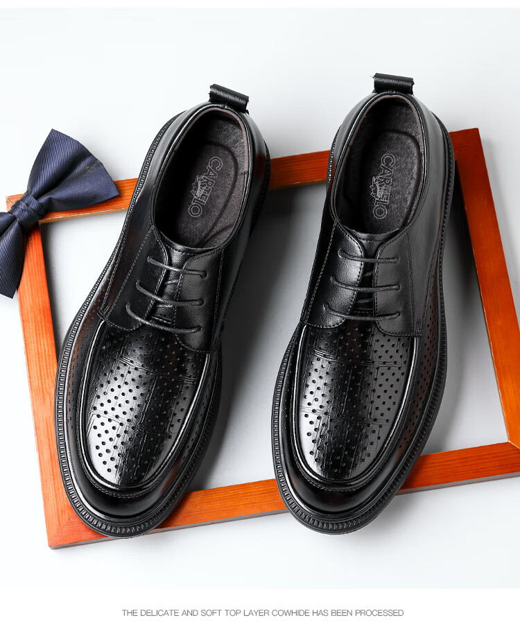 CARTELO Men's Leather Shoes, Cowhide Business Casual Leather Shoes, British Style Thick-Soled Men's Wedding Shoes, Work Shoes, 9788 Black, Size 38 15